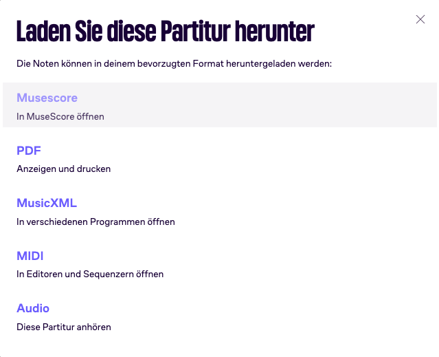 Format-Fenster auf musescore.com mit MusicXML in der Liste der verfügbaren Formate