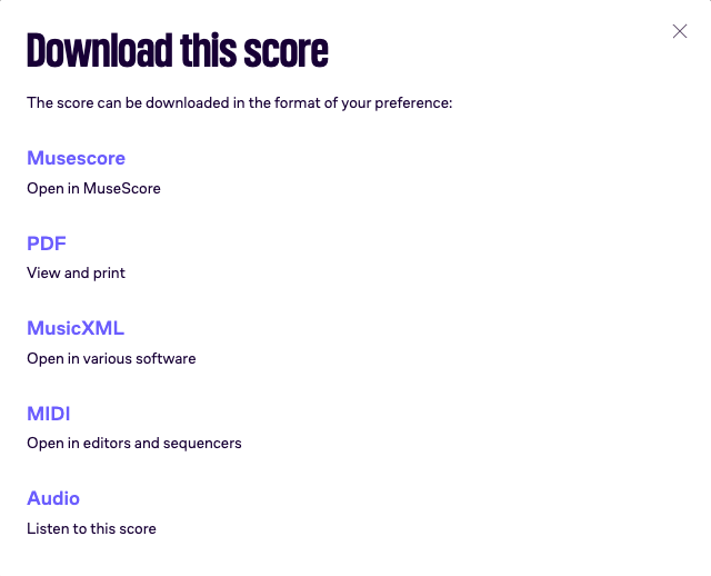 Format window on musescore.com with MusicXML in the list of available formats