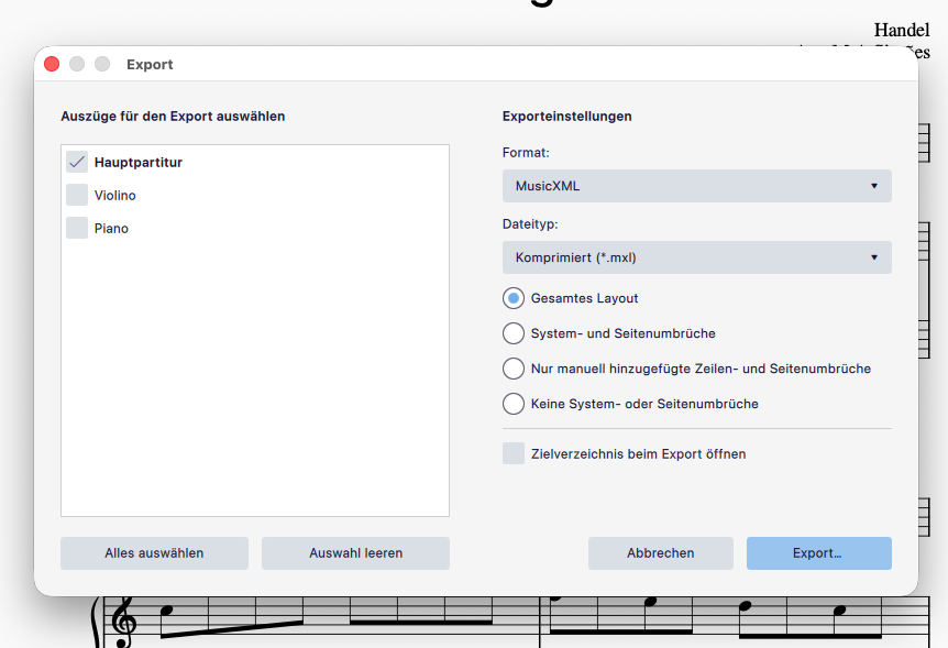 MuseScore-Export-Dialog: Dateityp MusicXML, Format „Komprimiert (*.mxl)"