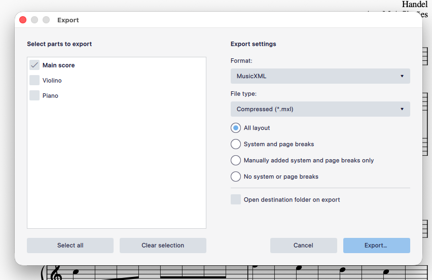 MuseScore export dialog: file type MusicXML, format "Compressed (*.mxl)"